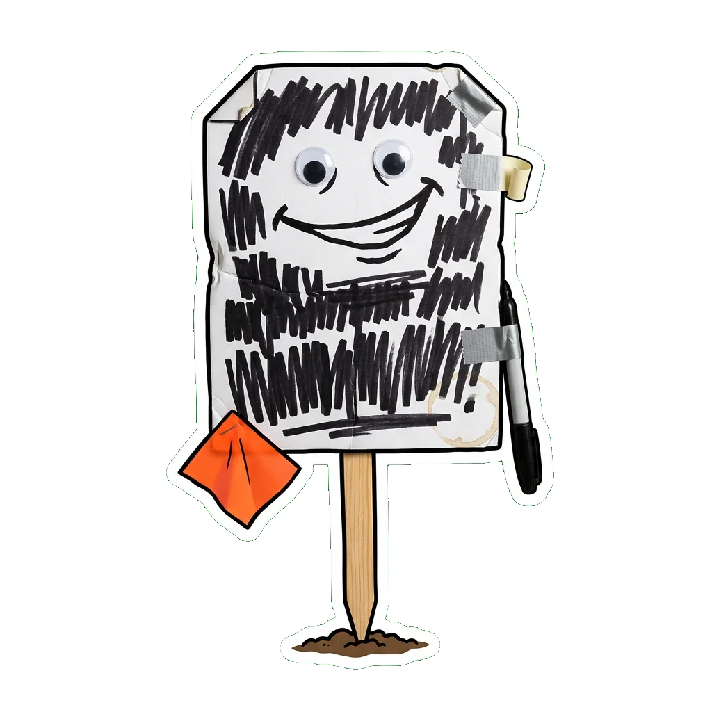DEMO, a foam board sign on a stake with googly eyes and a marker taped to his side