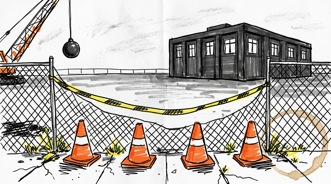 A fenced demolition lot with an intact concrete building, cones and caution tape
